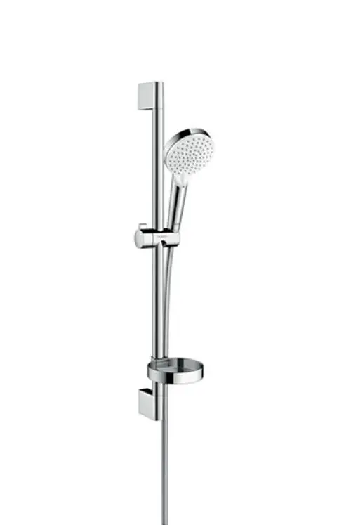 Brauseset von Hansgrohe mit einer verstellbaren Brausestange, einer Handbrause und einer Seifenschale in Weiß und Chrom.